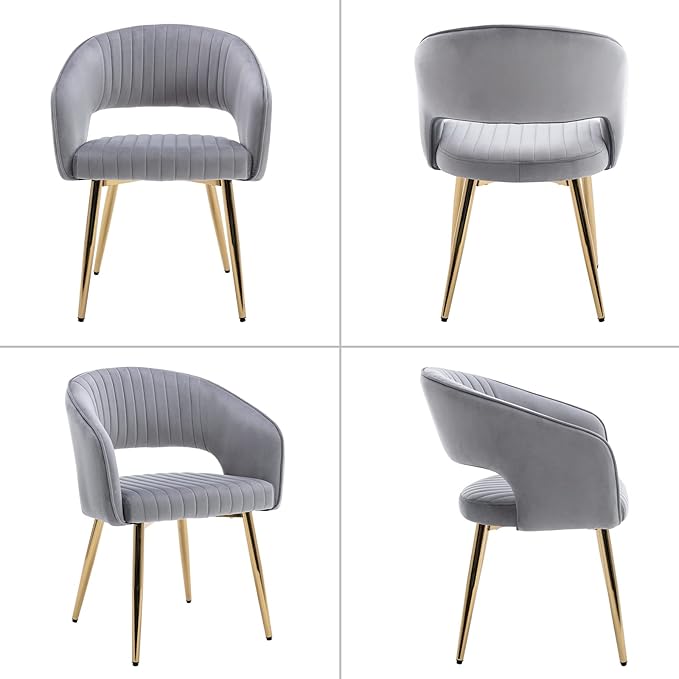 Modern Velvet Dining Chairs Set of 8, Upholstered Gold Dining Room Chairs with Hollow Back and Gold Legs, Accent Armrest Kitchen Chairs for Living Room Reception Grey
