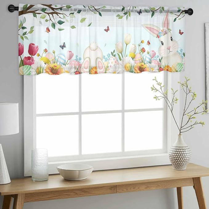 Easter Sheer Valances for Windows 42"x18", Light Filtering Kitchen Curtains