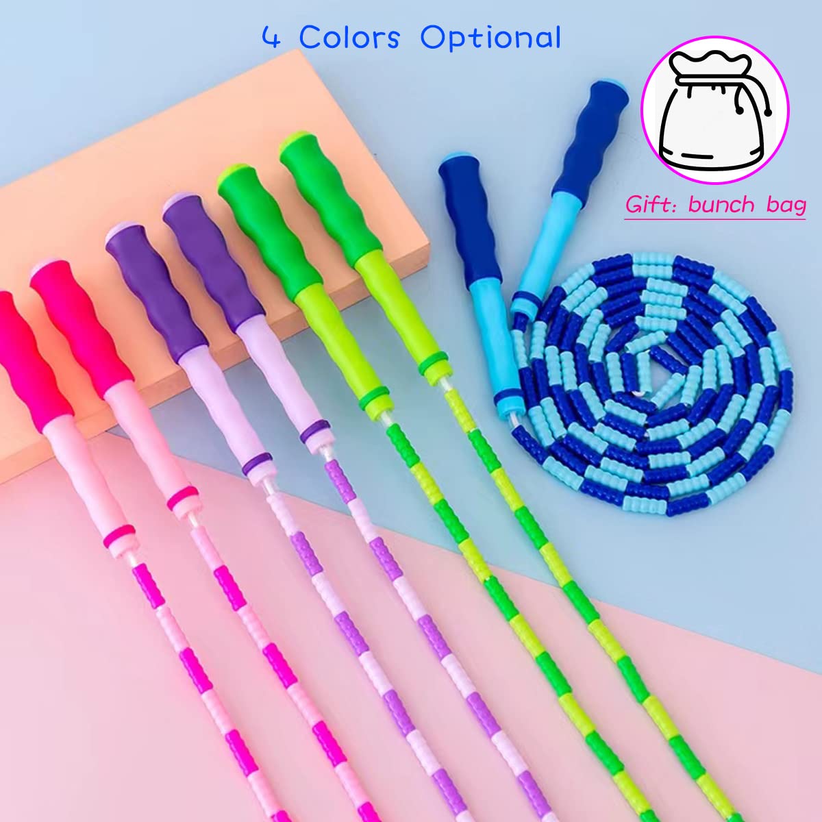 TYSISKNO 2 Pack Jump Rope for Kids Girls and Boys, Soft Beaded Jump Ropes, Adjustable Skipping Rope, Tangle-Free Segmented Rope for Kids and Adults Exercise, Workout and Weight Loss,9.2Ft(Blue&Green)