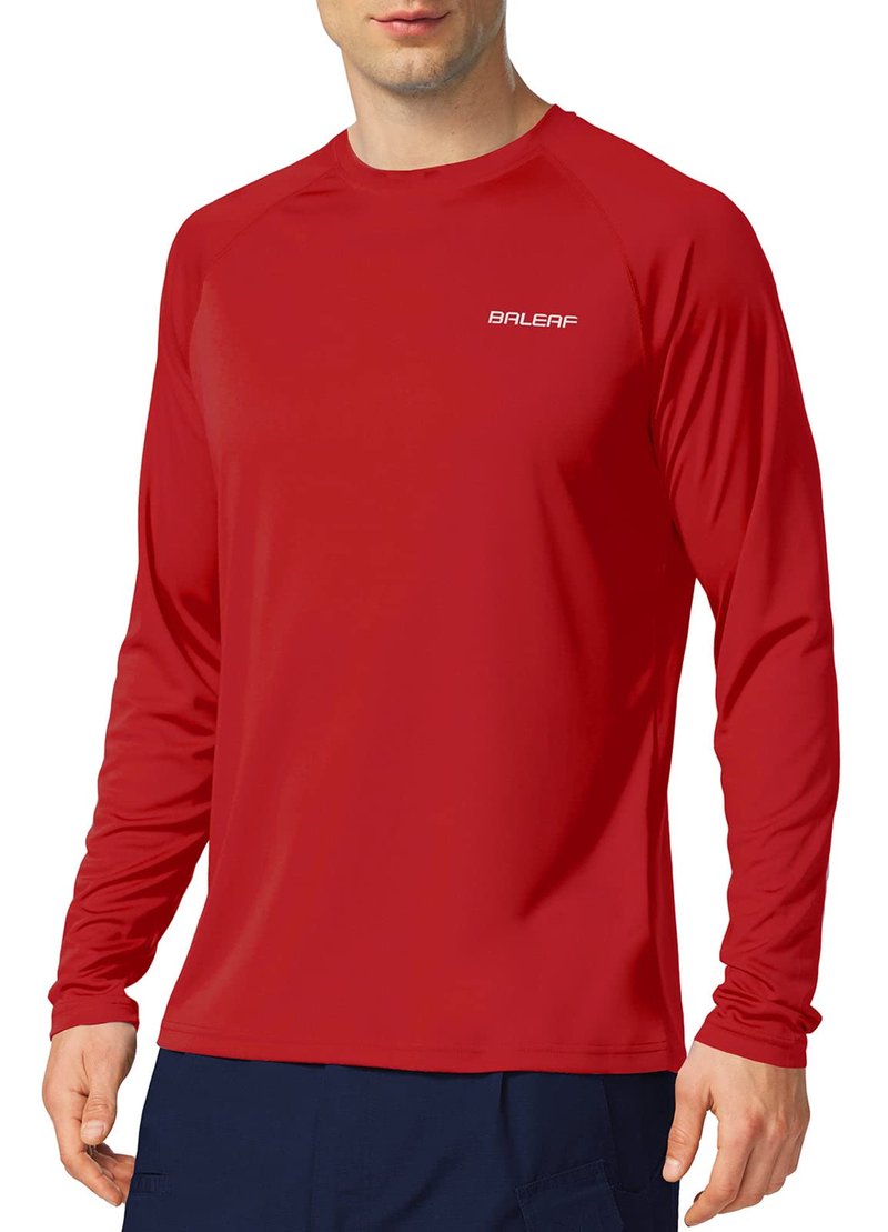 baleaf Mens UPF 50+ Sun Protection Shirts Long Sleeve Rash Guard, Quick Dry 4-Way Stretch for Fishing Swimming Surfing 01-Tomato XL