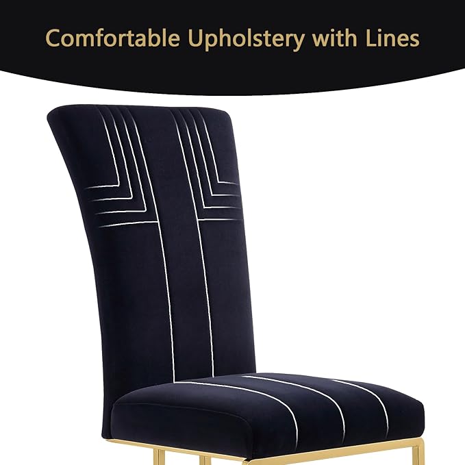 AUZ Dining Chairs Set of 6, Black and Gold Velvet Upholstered Dining Chairs with High Back and Polished Stainless Steel Sled Legs