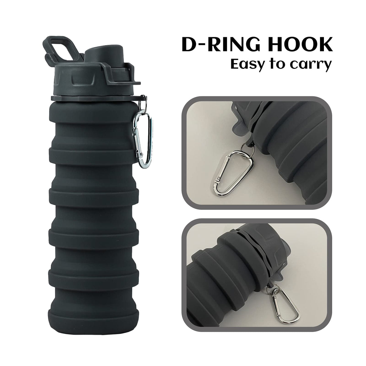 Collapsible Silicone Foldable Water Cup - 16oz BPA Free Reusable Water Bottle - Hiking Travel Sports Kids - Gray