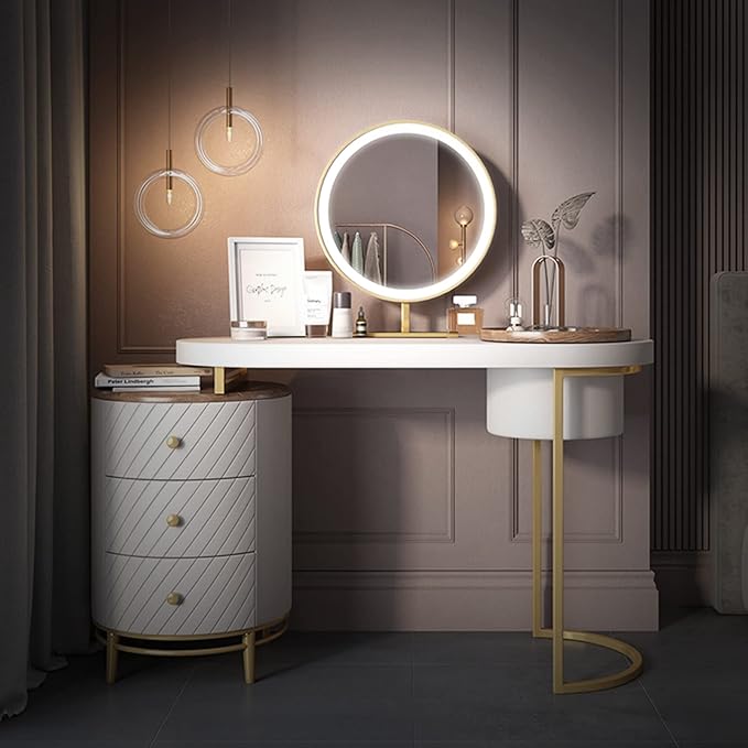 Setawix Vanity Desk with Mirror 43 Inches Makeup Table Set with LED Lighted Mirror and Storage Dressing Table with Movable Tray Top and 3 Solid Wood Drawers for Women and Girls, No Stool (White)