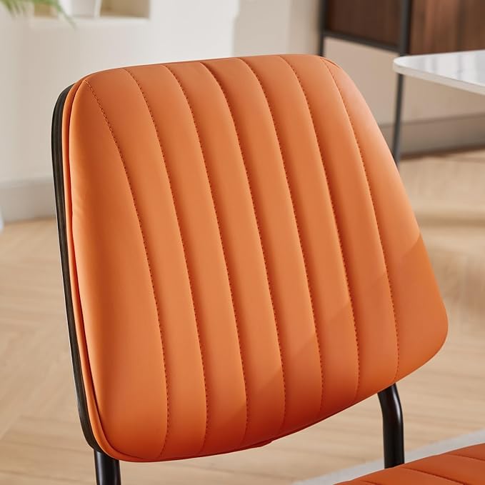 Dining Chairs Set of 8, Mid Century Modern Accent Dining Room and Kitchen Chairs, Upholstered PU Leather Vertical Stripe Chairs for Vanity with Walnut Bentwood and Metal Legs, Orange