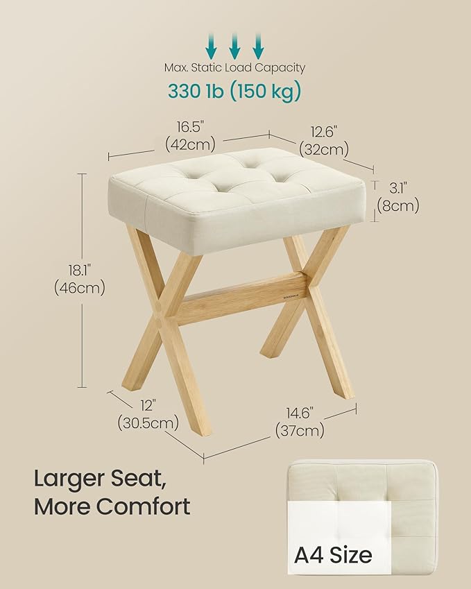 SONGMICS Makeup Stool, Padded Vanity Stool, Foot Rest, Solid Wood X Legs, for Bedroom, Closet, Entryway, 12.6 x 16.5 x 18.1 Inches, Summer Sand and Natural Beige ULSF006LF02
