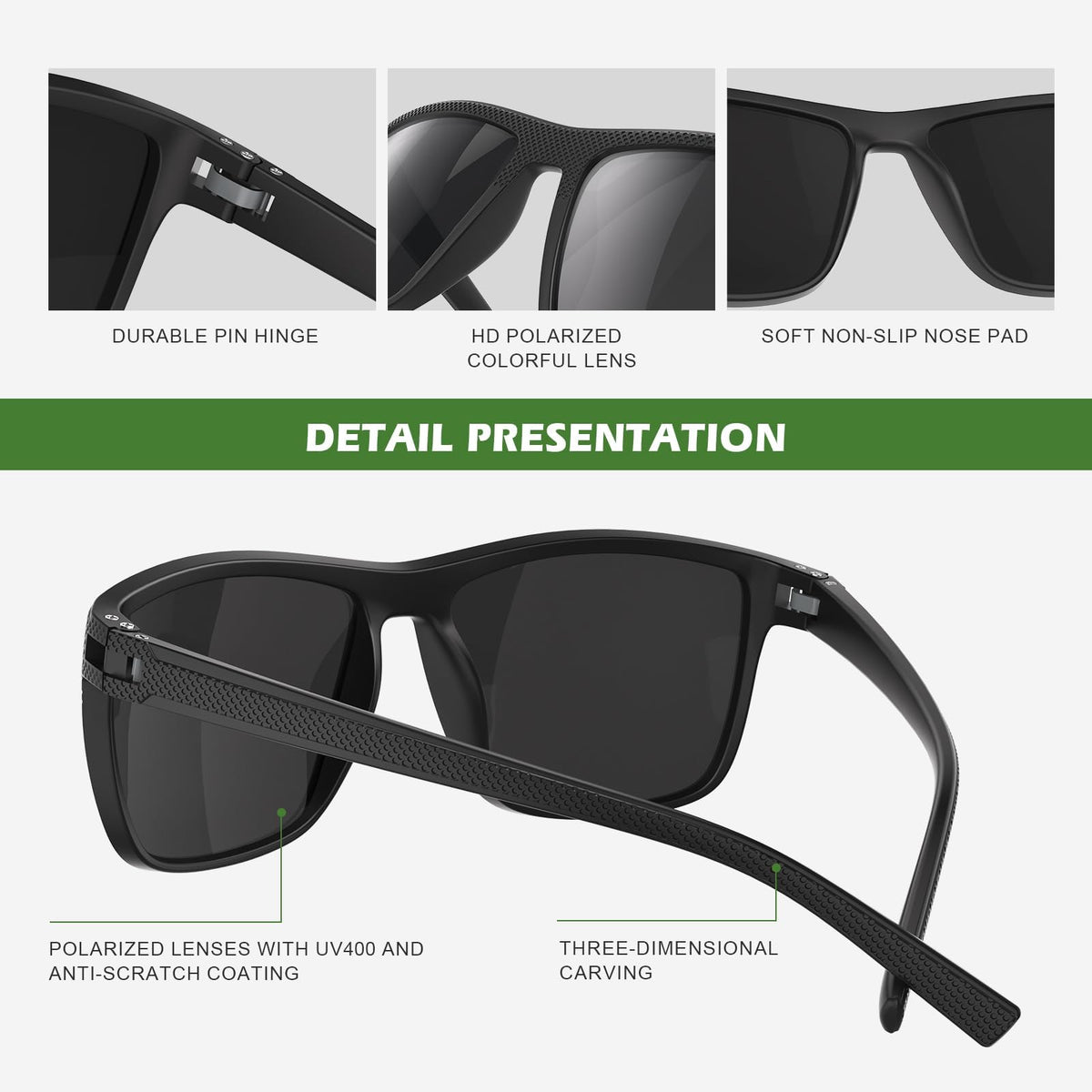 Fanshen Square Polarized Sunglasses for Men, 3 Pack Lightweight UV Protection Sun Glasses for Driving Fishing Golf (Green/Blue/Red)