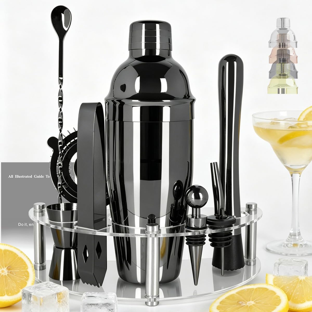 9-Piece Cocktail Shaker with Stand, 25oz Bartender Kit, Cocktail Shaker with Strainer Set, Bar Set Jigger for Bartending Drink Mixer Set, Cocktail Set Recipe (Silver)
