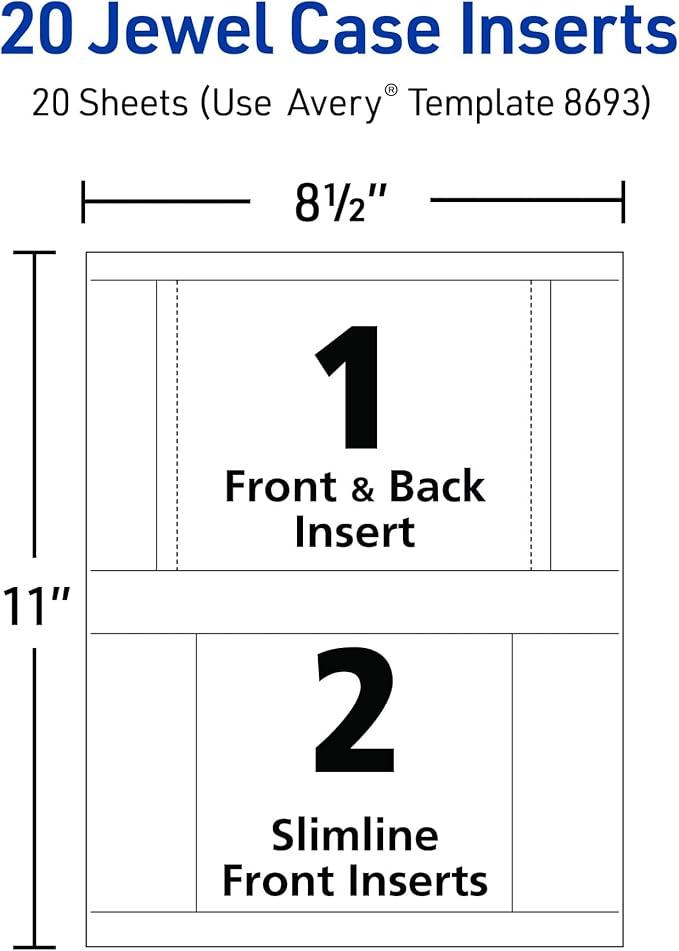 Avery Printable CD Jewel Case Inserts, Matte White, Laser & Inkjet Printer Compatible, 20 Standard and Slimline Inserts, Ideal for CDs, DVDs, Presentations, Portfolios, and More (8693) (Pack of 5)
