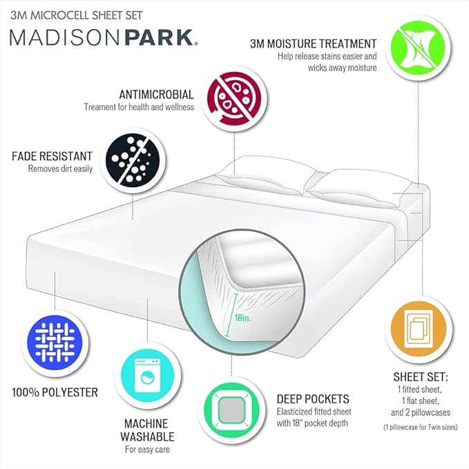 Madison Park 3M Microcell Color Fast, Wrinkle and Stain Resistant, Soft Sheets with 16" Deep Pocket All Season, Cozy Bedding-Set, Matching Pillow Case, 4 pieces, Queen, Blush