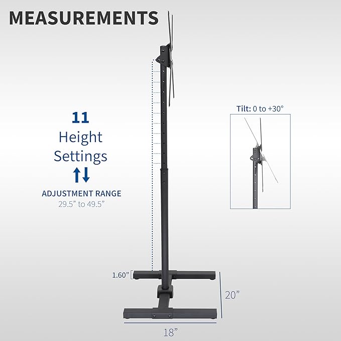 VIVO Height Adjustable TV Floor Stand for 13 to 65 inch Screens up to 44 lbs, LCD LED OLED 4K Smart Flat and Curved Monitor Panels, 50 inch Tall, Max VESA 400x400, Black, STAND-TV08