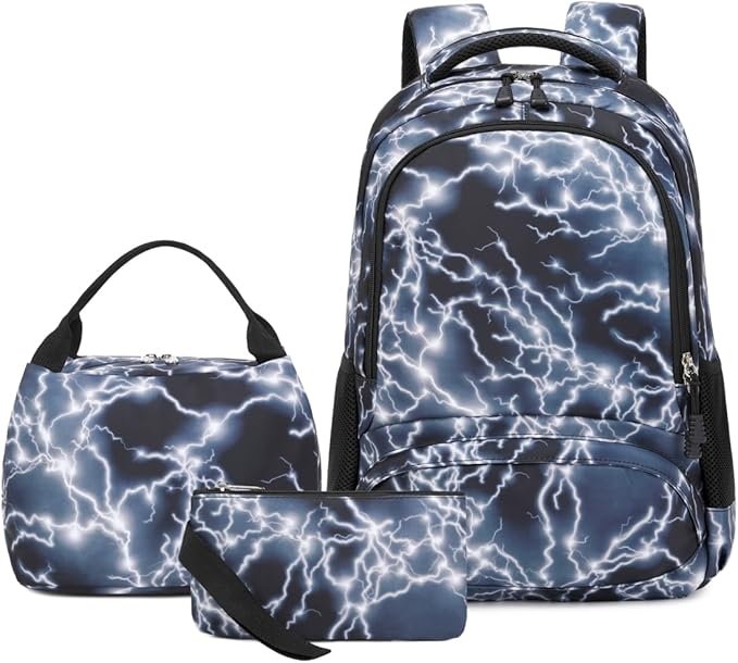 BABUN Backpack for Boys Middle Elementary Set for Kids Bookbag Lightning Laptop School Bags Waterproof With Lunch Box Bag (2-Black)