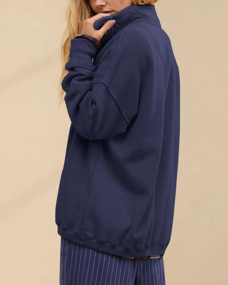 Gacaky Sweatshirt for Women Oversized Casual Long Sleeve Button Henley Neck Pullover Tops Fashion Outfits Clothes Navy L