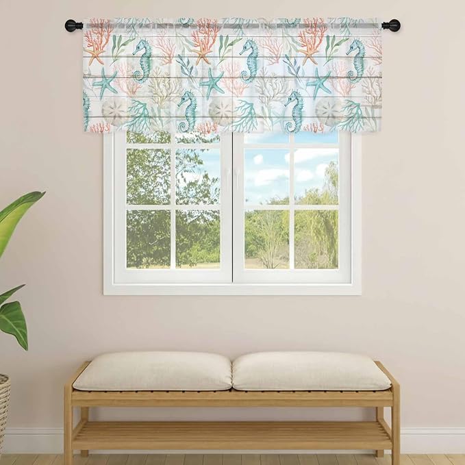 Teal Seahorse Starfish Sheer Valance Curtains, Summer Beach Coral Shell Board