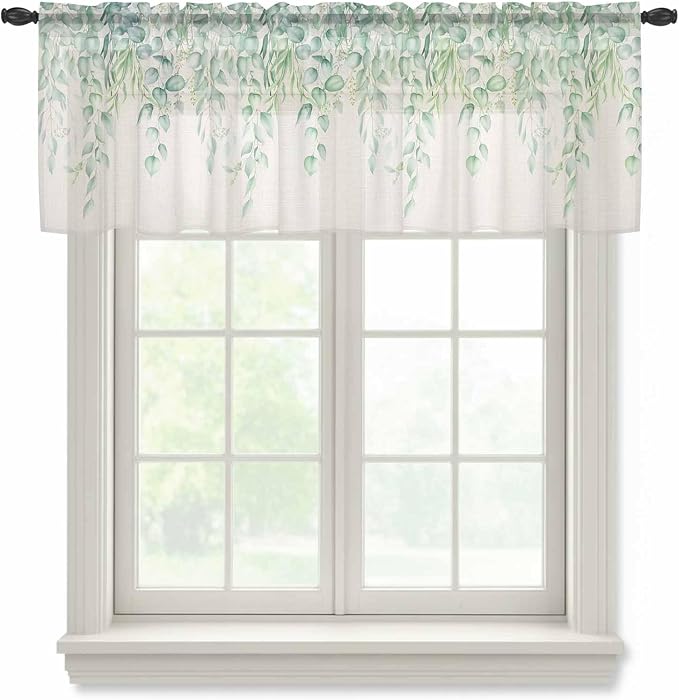 Green Leaf Sheer Valance Curtains, Eucalyptus Leaves Vintage Linen Texture
