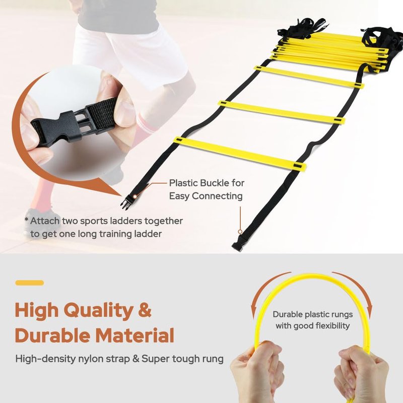 GHB Agility Ladder,Football Agility Training Equipment Set,3 Agility Hurdles,20 feet 12 Rungs Speed Ladder 5 Discs 5 Cones Target pad Bounce Balls ect for Football Basketball Workout Training