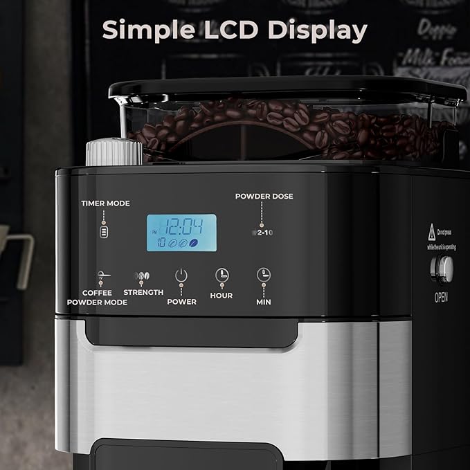 Drip Coffee Maker with Grinder Built In, 10-Cup Grind and Brew Coffee Machine Fully Automatic, Programmable with Brew Strength, Permanent Filter, Glass Carafe, 50oz Water Tank, Ideal for Home/Office