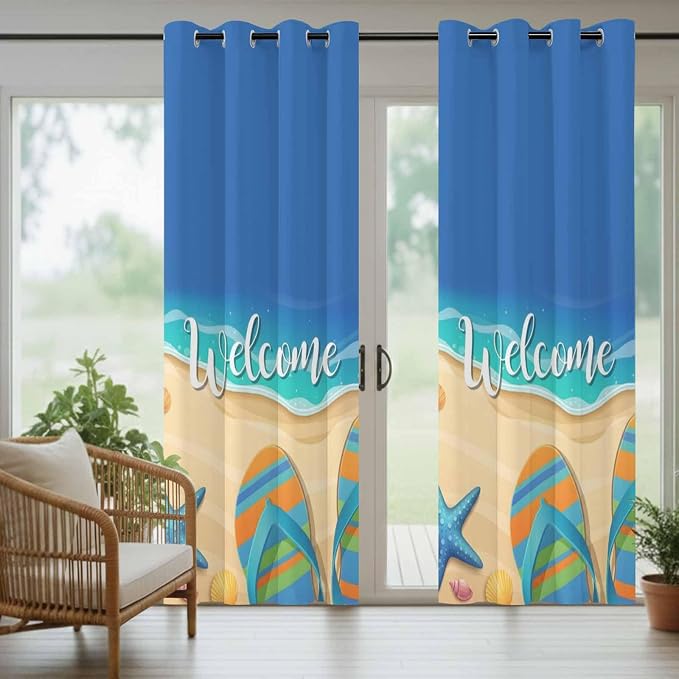 Summer Outdoor Curtains for Patio Beach Slippers Plumeria Waterproof Outside