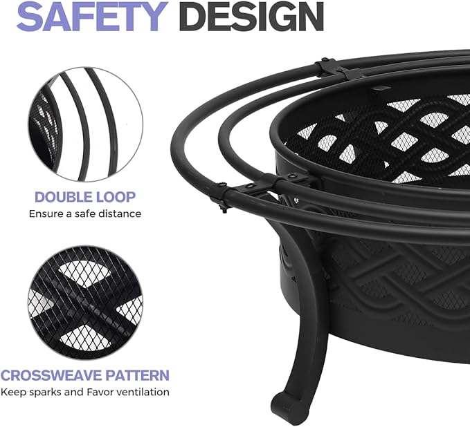 Panovue 36 Inch Fire Pit with 2 Loops,Crossweave Wood Burning Fire Pits for Outside,with Spark Screen,Fire Poker,Round Outdoor Firepit for Patio,Yard,Garden,Camping,Bonfire(36''Black)