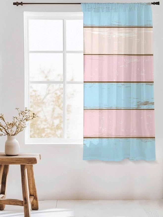 Sheer Curtains 63 Inch Length, Farmhouse Country Shabby Striped Privacy Voile