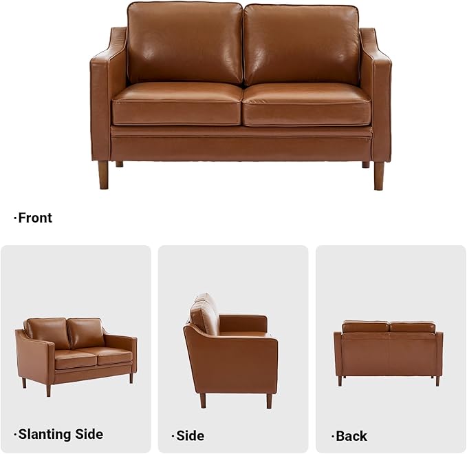 Kingfun 56" Faux Leather Sofa, Loveseat Couch, Mid Century Modern Love Seat Couches with Solid Wood Frame for Living Room & Bedroom, Dark Brown