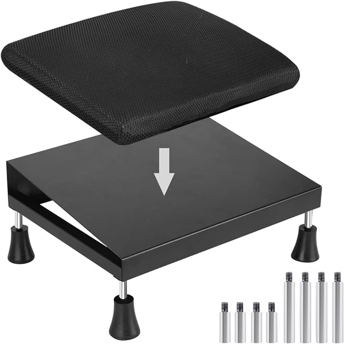 Mymyth Office Foot Rest for Under Desk at Work - Iron Adjustable Ergonomic Footrest Strong & Durable - 6 Heights Foot Stool with Memory Foam Cushion - Anti-Slip for Computer Gaming - Black