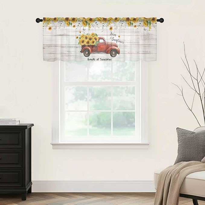 Farmhouses Sunflowers Sheer Valance Curtains, Retro Floral Leaves Red Truck