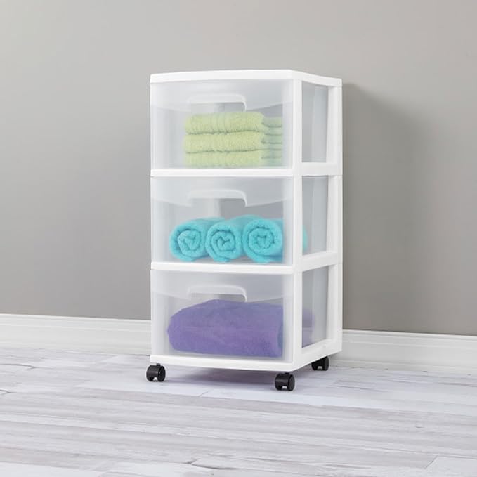 Sterilite 6 Pack Plastic Storage Organizer, 3 Drawer Rolling Bin Cart, Closet Organization, White