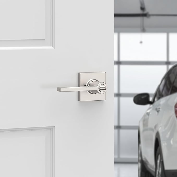 Kwikset Casey Entry Door Handle with Lock and Key, Secure Keyed Reversible Lever Exterior, for Front Entrance and Bedrooms, Satin Nickel, 4 Pack, Pick Resistant SmartKey Rekey Security and Microban