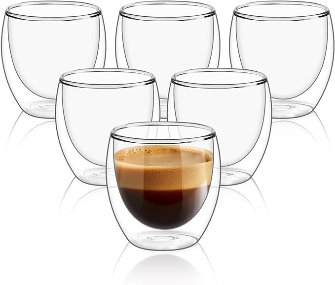 ComSaf 8oz Glass Coffee Mugs Set of 6, Double Walled Insulated Thermal Mugs for Latte Cappuccino Cocoa Milk Cafe Juice Tea, Clear Espresso Cups Set Glassware Gift for Christmas Birthday