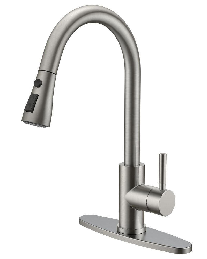 QFN Kitchen Faucet with Pull Down Sprayer Brushed Nickel, High Arc Single Handle Single Level Stainless Steel Pull Out Sink Faucet for Farmouse Camper RV Bar, Fit for 1 or 3 Hole