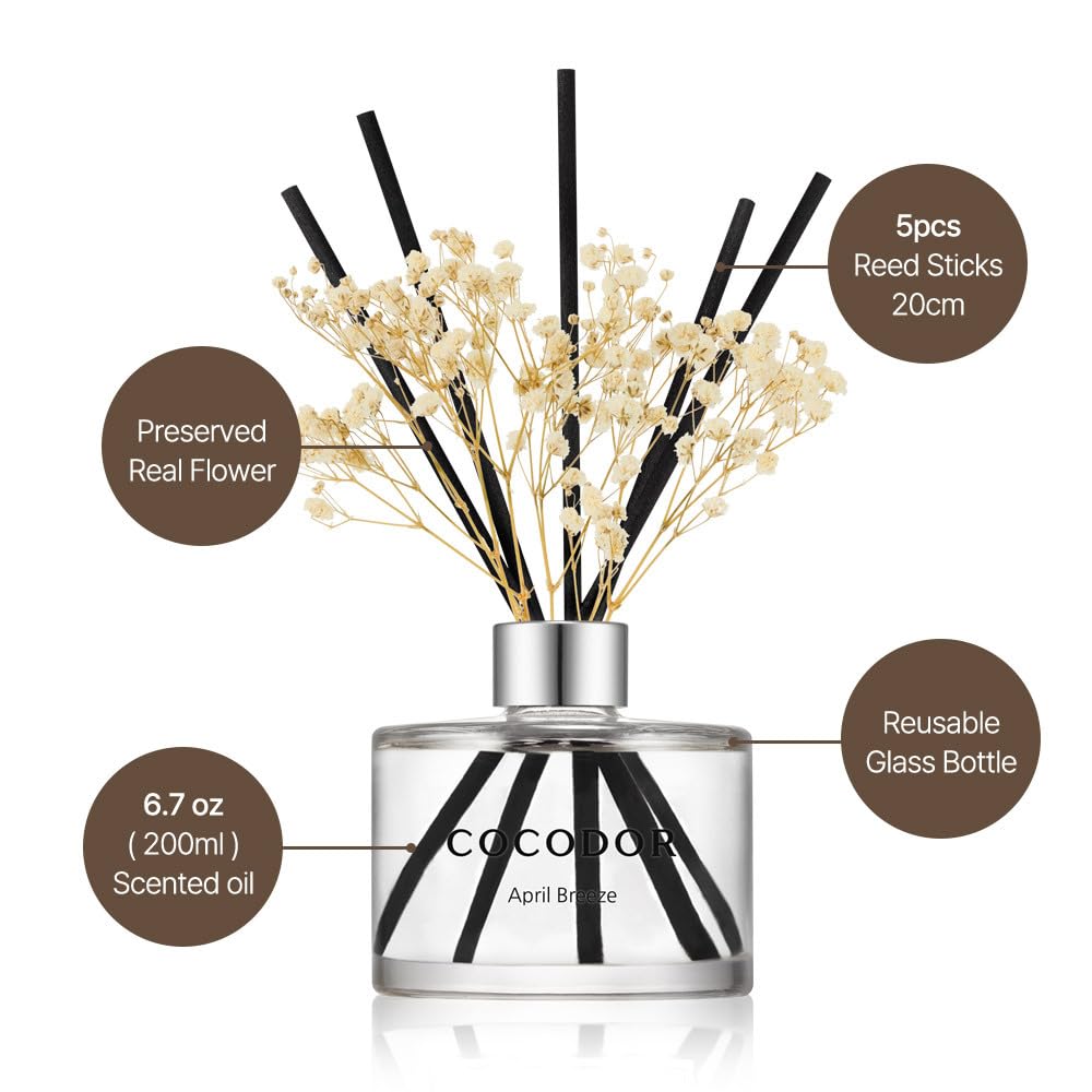 COCODOR Flower Reed Diffuser Set / 6.7oz / Dark Vanilla&Sandalwood/Scent Diffuser with Sticks Home Fragrance Reed Diffuser for Bathroom Shelf Decor