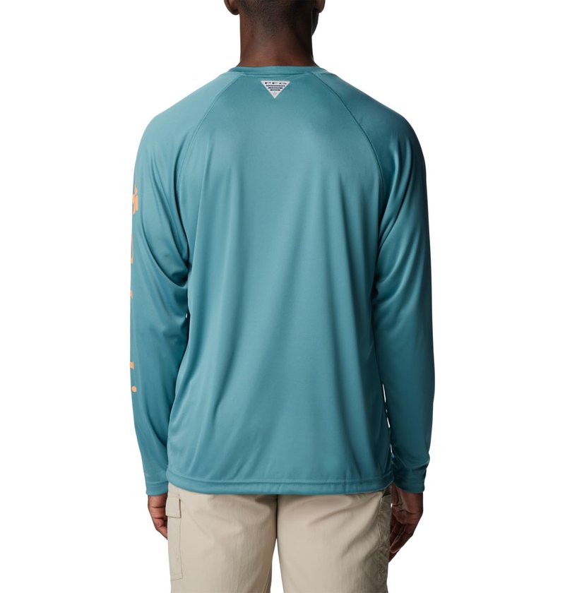 Columbia Men's Terminal Tackle Long Sleeve Fishing Shirt, Tranquil Teal/Orange Reef Logo, XX-Large