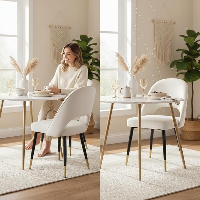 LukeAlon Classic Velvet Dining Chairs Set of 2, Upholstered Open Back Kitchen Chair with Metal Legs Armless Side Chairs Mid Century Dinner Chairs for Dining Room, Beige