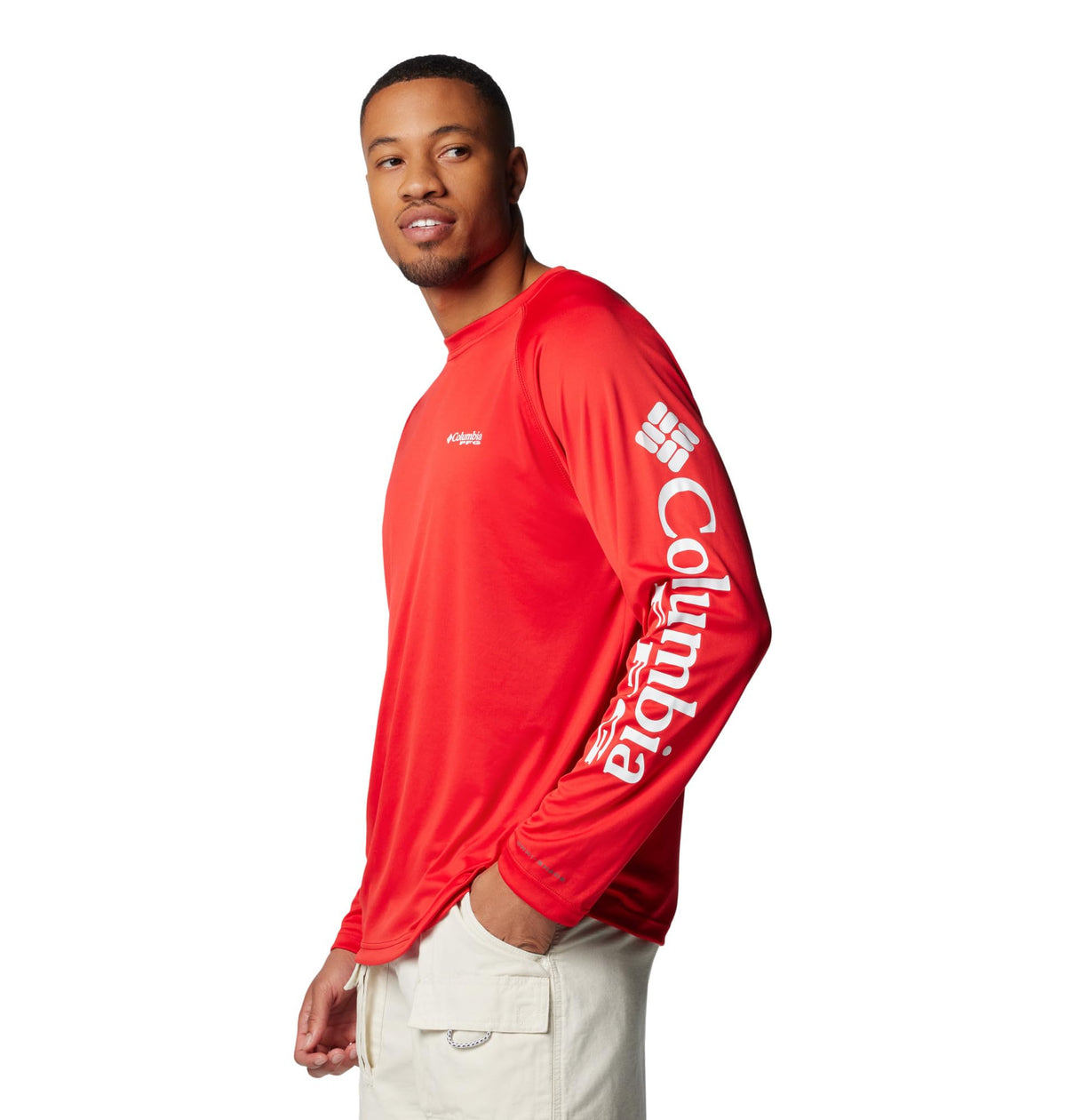 Columbia Men's PFG Terminal Tackle Long Sleeve Fishing Shirt, Red Spark/White Logo, Large
