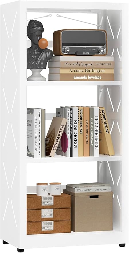 3 Tier Bookshelf, Adjustable Metal Bookcase with Anti-Tip Kit & Leveling Feet, Heavy-Duty Metal Storage Organizer, Modern Corner Shelves for Living Room, Kitchen, Office