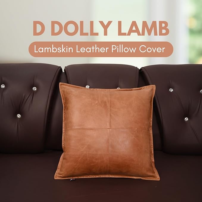 D DOLLY LAMB Lambskin Leather Pillow Cover - Sofa Cushion Case - Decorative Throw Covers for Living Room & Bedroom, 18x18 Inches - Antique Brown Box Pack of 1