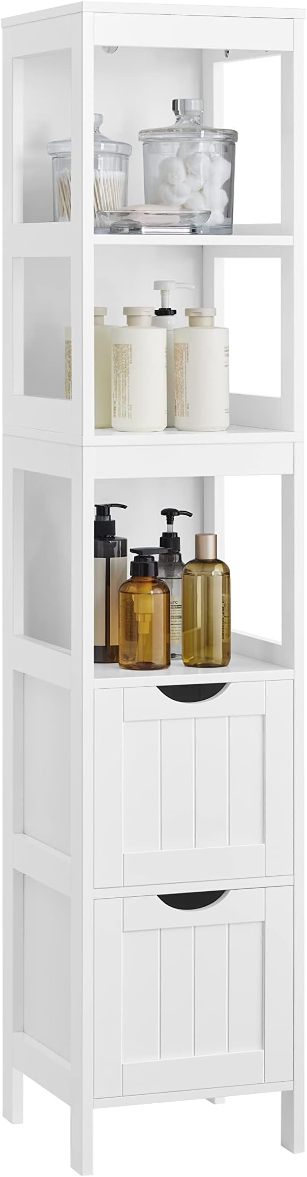 VASAGLE Storage Cabinet, Storage Organizer Rack Stand for Bathroom, Living Room, Bedroom, Multifunctional Corner Unit, 2 Drawers, 55.7 Inches in Height, White UBBC66WT
