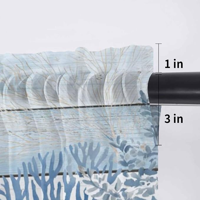 Ocean Corals Sheer Valance Curtains, Summer Beach Coral Sea Stars Blue Wood