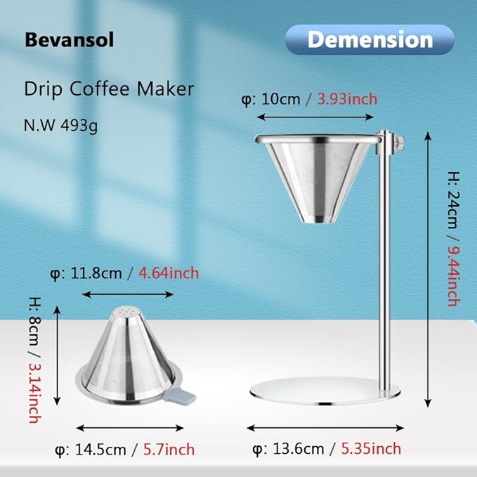 Bevansol Adjustable Stainless Steel Coffee Dripper Stand for Pour Over Brewing - Universal Height Control Holder for Cofee Maker with Double-layer Filter, easy for cleaning
