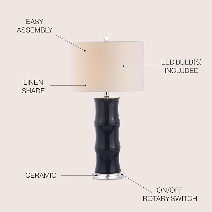 JONATHAN Y 26.5" Navy Blue Ceramic Table Lamp for Living Room, Bedroom Nightstand, White Linen Drum Shade, Bamboo Design Modern Bedside Desk Lamp with LED Bulb Included JYL3015A