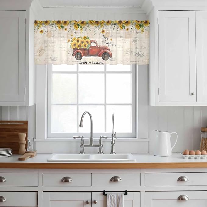 Farmhouses Sunflowers Sheer Valance Curtains, Retro Floral Leaves Red Truck
