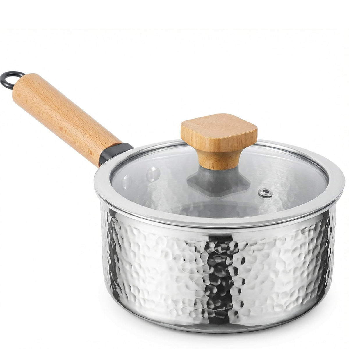 WANGYUANJI 1.8 Quart Stainless Steel Saucepan with Lid, Tri-Ply Steel Small Sauce Pan, Coating-Free Interior, Hammered Finish, Induction Compatible Soup Pot with Tempered Glass Lid & Wood Handle
