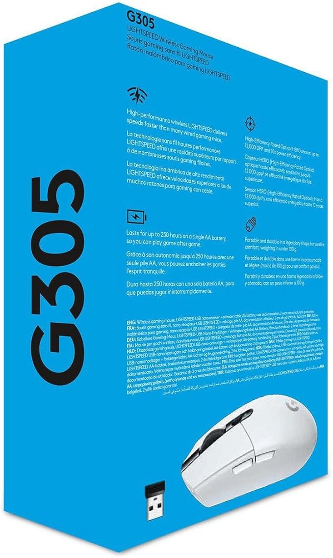 Logitech G305 Lightspeed Wireless Gaming Mouse, Hero 12K Sensor, 12,000 DPI, Lightweight, 6 Programmable Buttons, 250h Battery Life, On-Board Memory, PC/Mac - White