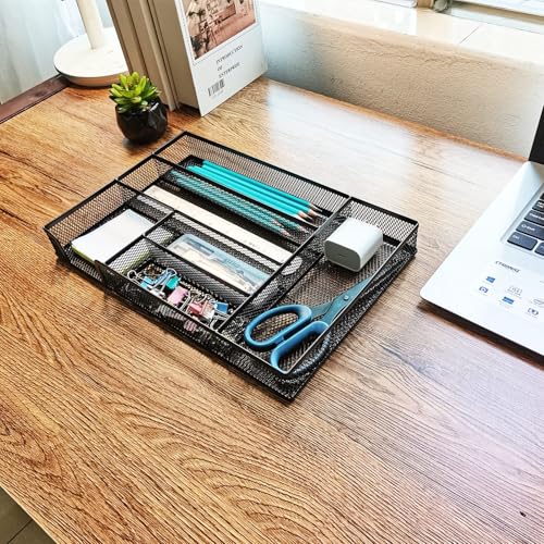 2-Pack Metal Mesh Desk Drawer Organizer Tray Set, 6-Compartment Office Drawer Organizer for Pens Supplies, 12.6"x8.27"x1.57" Black - color: 2pcs packed black