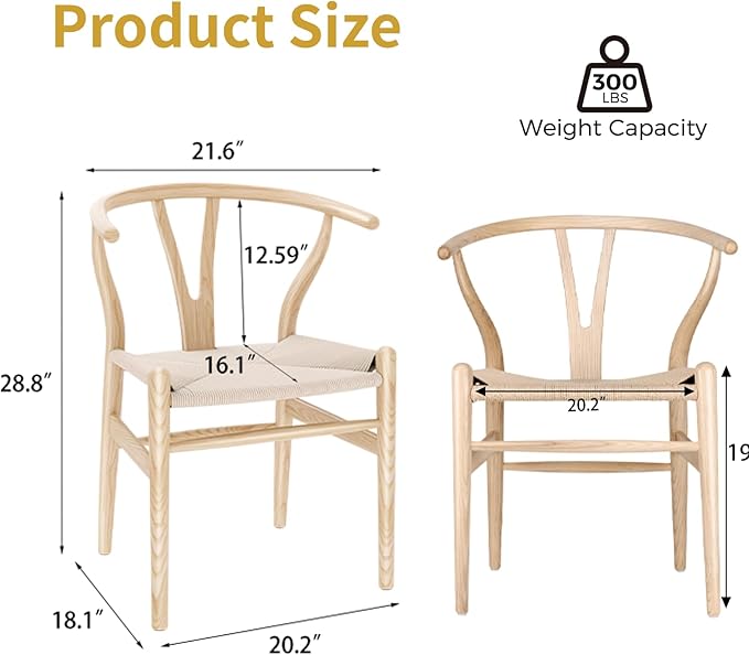 Wishbone Chair Natural Solid Wood Dining Chair/Hans Vegner Y Chair Rattan and Wood Accent Armrest Chair (Ash Wood + Natural Wood Color)