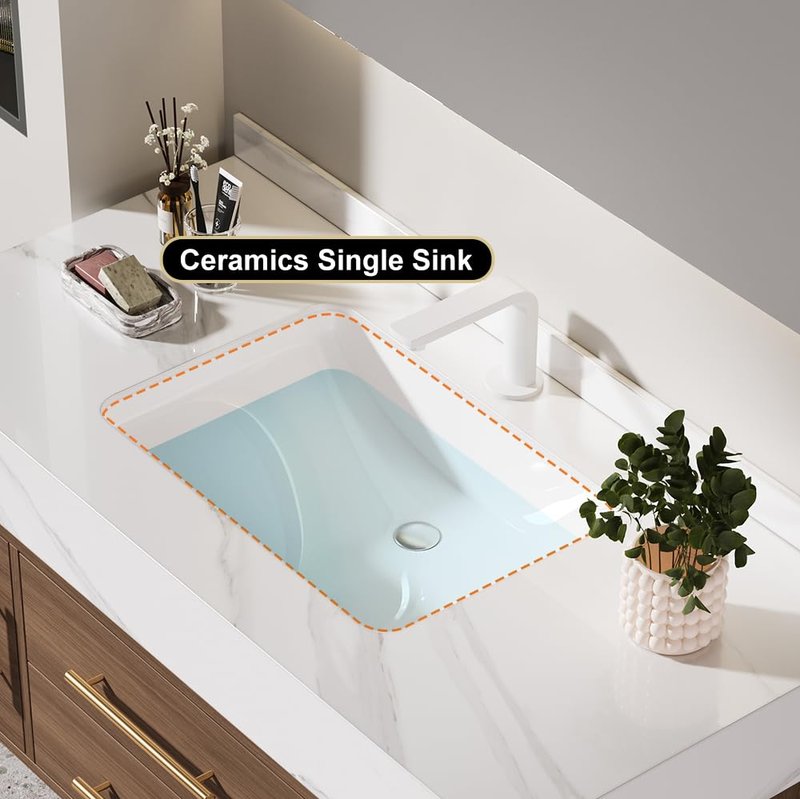 Weibath Floating Bathroom Vanity with Sink, 39.5 Inch Modern Bathroom Vanity Cabinet with Sintered Stone Top, Ceramic Undermount Sink, 2 Drawers, Walnut (Wall Mounted, Gold Handle)