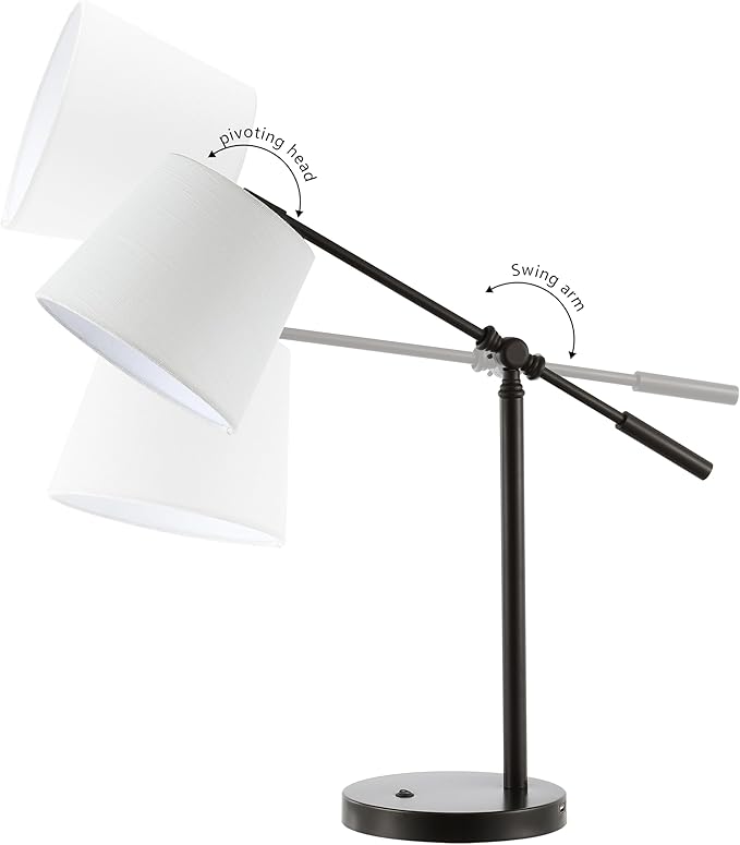JONATHAN Y 24" Oil Rubbed Bronze 1-Light Iron LED Task Lamp with USB Port, Classic Vintage Industrial Table Lamp with Adjustable Head and Linen Shade, LED Bulb Included JYL1129A