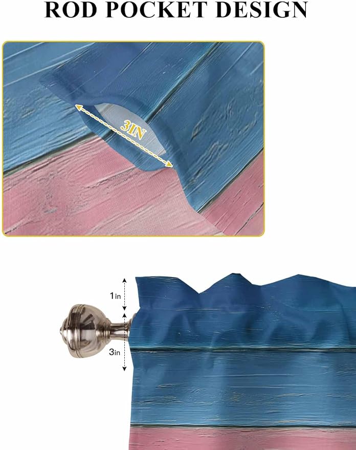 Blue Pink Brown Gradient Wood Grain Window Valance Curtains, Vintage Wood Board