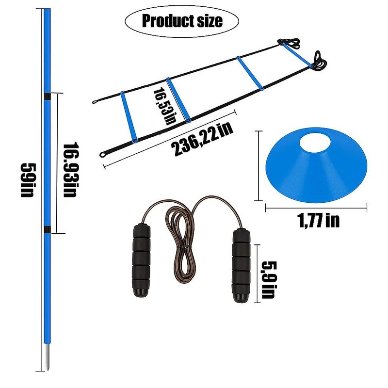 Soccer Agility Training Equipment Set - 6 Pro 59" Spliceable Agility Poles with Ground Spikes, 1 20ft Speed Ladder, 10 Soccer Cones, Jump Rope & Carry Bag for Youth Soccer & Football Drills (blue)