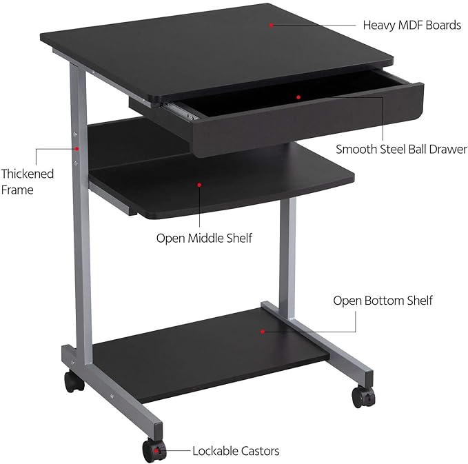 Yaheetech Mobile Computer Desk Cart, Small Rolling Laptop Desk PC Table Workstation with Drawer and Printer Shelf, Writing Desk Table for Small Space/Home Office
